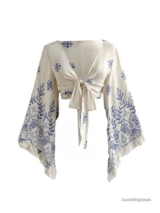 Tops - Boho Floral Wrap Top Women 70s Hippie Disco Country Concert Blouse V-Neck Bell